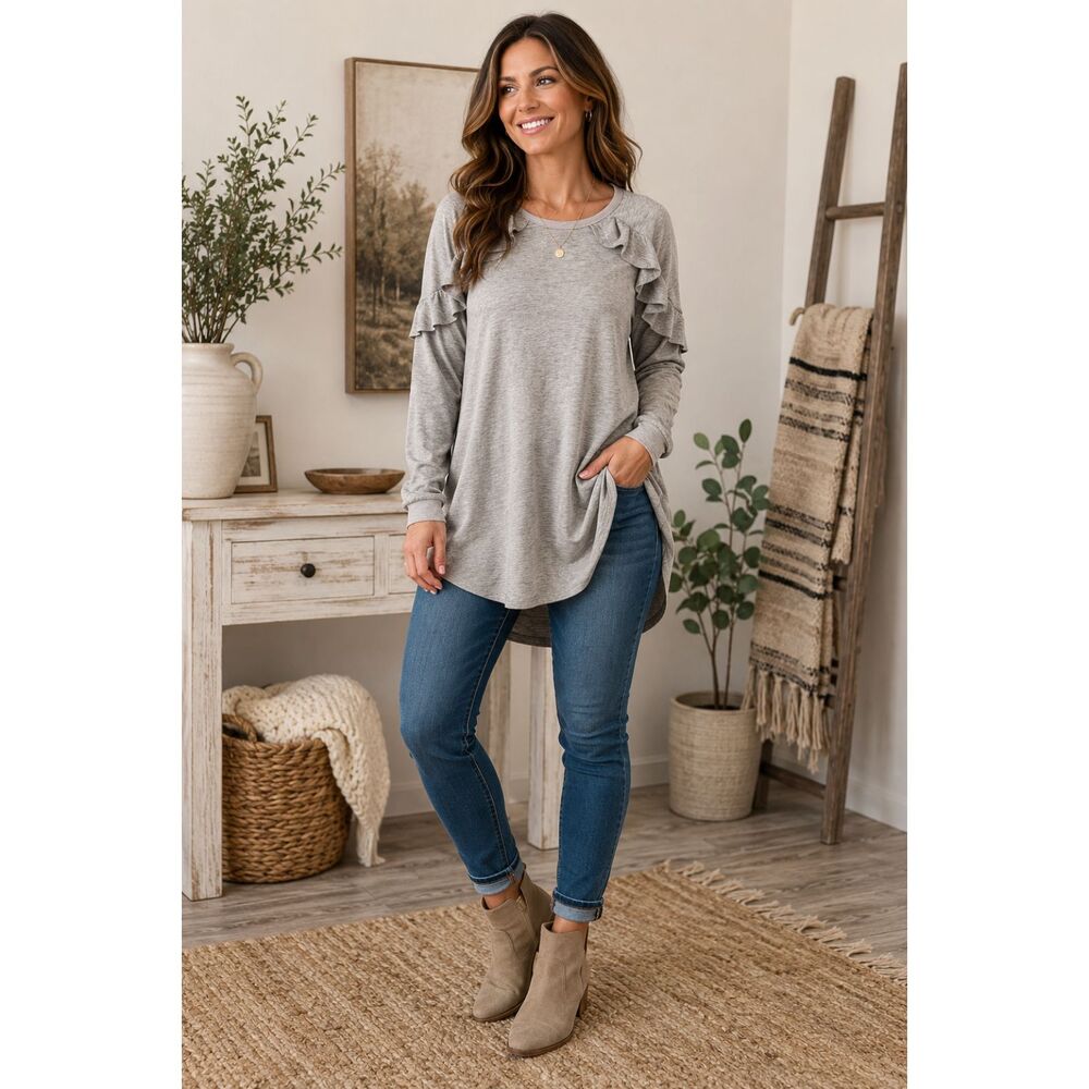 Umgee USA Gray Ruffle Tunic Top NWT Small Soft Knit Long Sleeve Swing Blouse